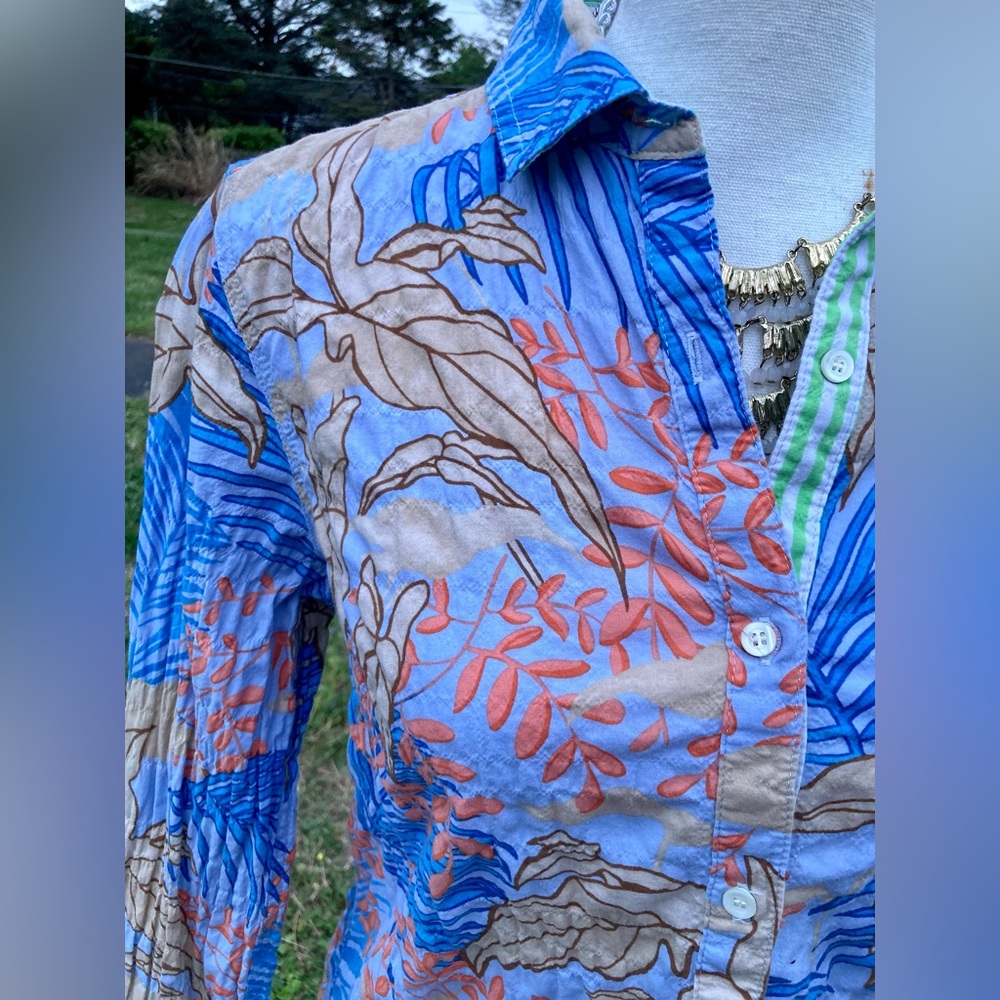 J. McLaughlin Tropical Print Button-Down Shirt in Blue & Orange Resort Luxury - Picture 2 of 16